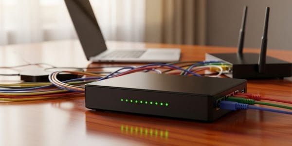 A black network switch with a row of green status LEDs and colored cables beside a laptop and router.