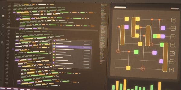 A dark code editor with a quantum circuit open in a side panel