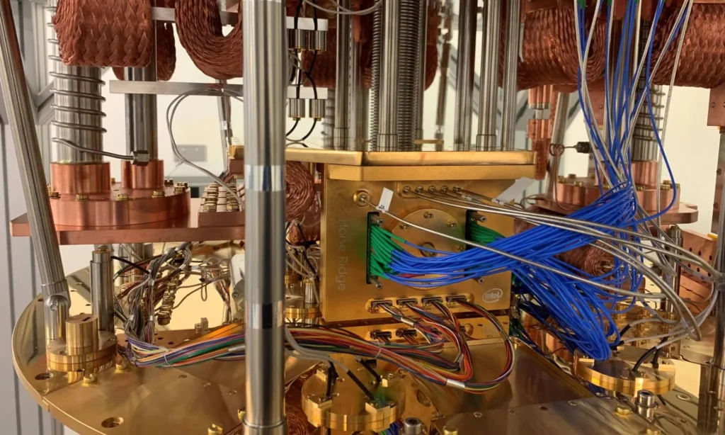 Horse Ridge II, Intel’s second-generation cryogenic control chip, brings key control functions for quantum computer operation into the cryogenic refrigerator — as close as possible to the qubits themselves — to streamline the complexity of control wiring for quantum systems. (Credit: Intel Corporation)