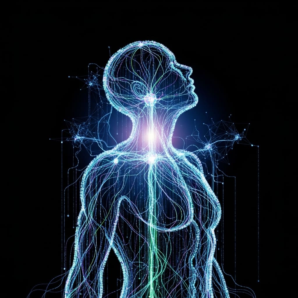 Abstract human silhouette formed from layered flowing data streams, neural network overlay adjusting pathways uniquely within the figure