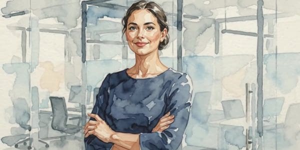 Watercolour illustration of Ilana Wisby, founding chief executive of Oxford Quantum Circuits, standing with folded arms in a glass-walled office