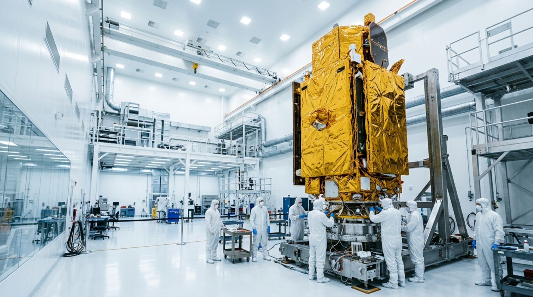 Technicians in white coveralls working around a gold-foil-wrapped satellite in a cleanroom