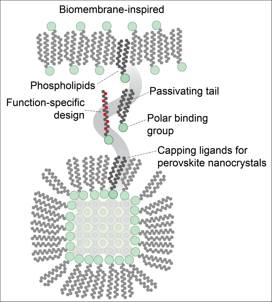 The phospholipid molecules designed by the ETH researchers create a protective layer around the perovskite nanocrystal and make it possible to disperse it in non-​aqueous solutions. They also ensure that the quantum dot emits photons more continuously. (Graphics: Kovalenko Lab)
