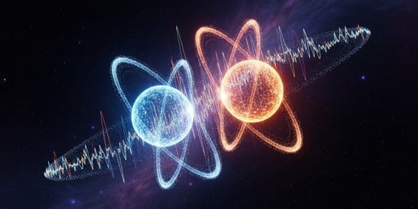 Blue and orange particle spheres surrounded by orbital rings and a jagged waveform across deep space