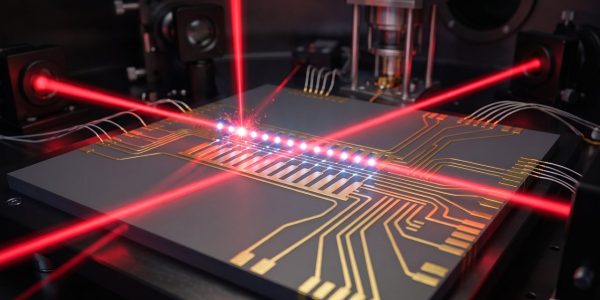 A chain of trapped ions lit by red lasers