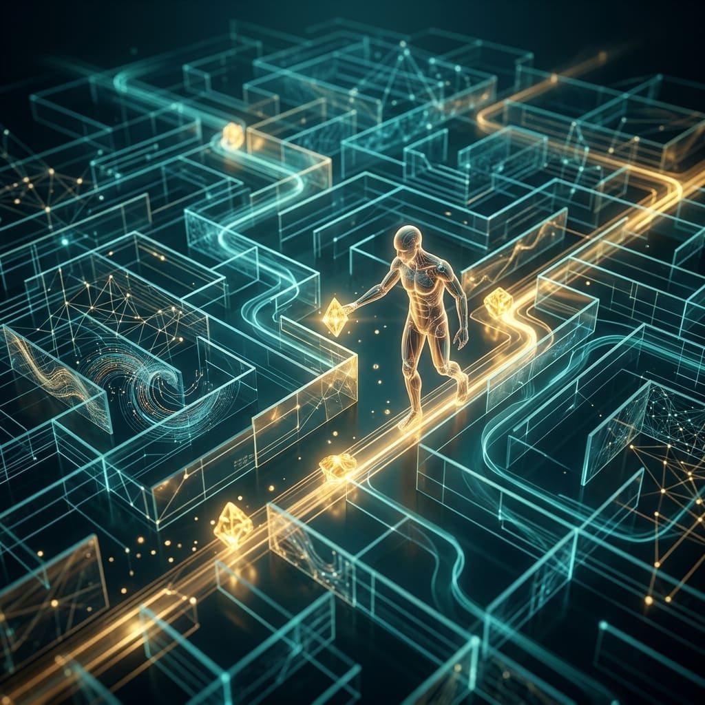 Glowing human figure walking pathways through an information lattice