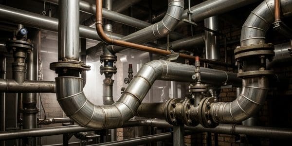 A maze of metal industrial pipes, valves and flanges with rising steam inside a plant.