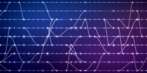A branching timeline of commit nodes across parallel lanes