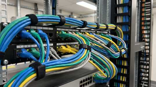Ethernet leads sweeping into a switch in a rack