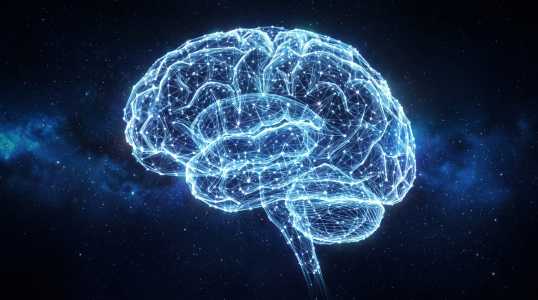 A point-lattice brain against a blue nebula