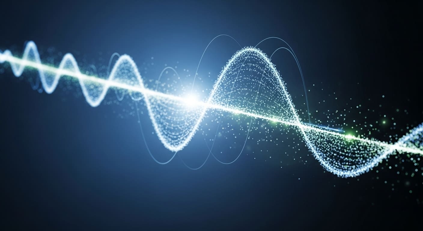 An abstract glowing blue particle waveform representing a quantum wave function on a dark background.