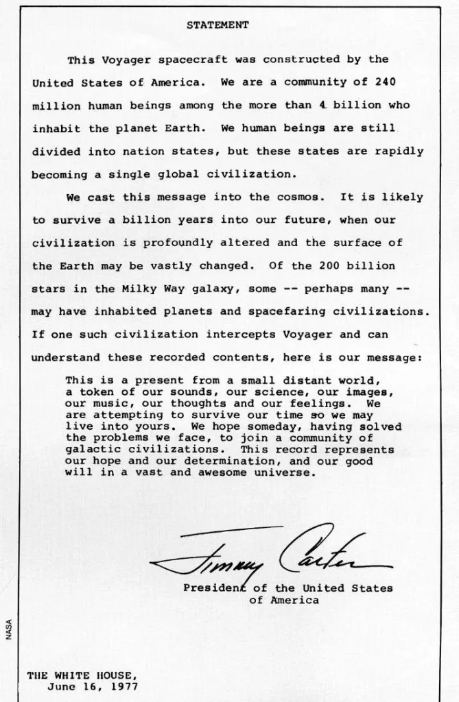 Nasa'S Voyager 1, Furthest Human-Made Object, Resumes Data Transmission After Five-Month Silence President Jimmy Carter's Letter onboard NASA Voyager 1. https://twitter.com/High0nHistory/status/1782606644637286791/photo/1