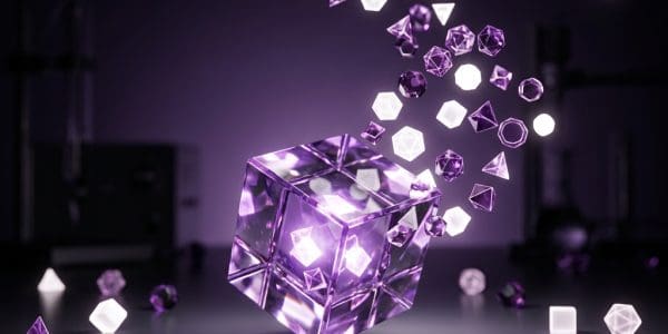 Glass cube spilling glowing polyhedra into the air