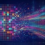 Coloured lattice grid on the left breaking apart into streams of binary digits on the right