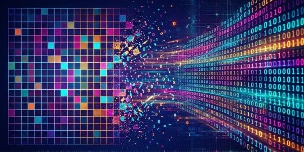 Coloured lattice grid on the left breaking apart into streams of binary digits on the right