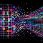 Coloured lattice grid dissolving into streams of binary digits against a black background