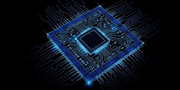 Glowing blue quantum processor illustration