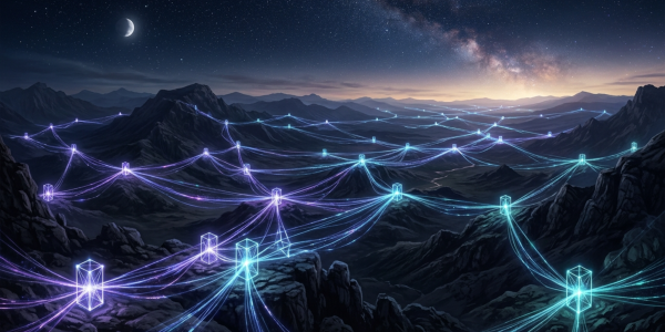 A dark mountain landscape overlaid with a mesh of glowing links between repeater nodes