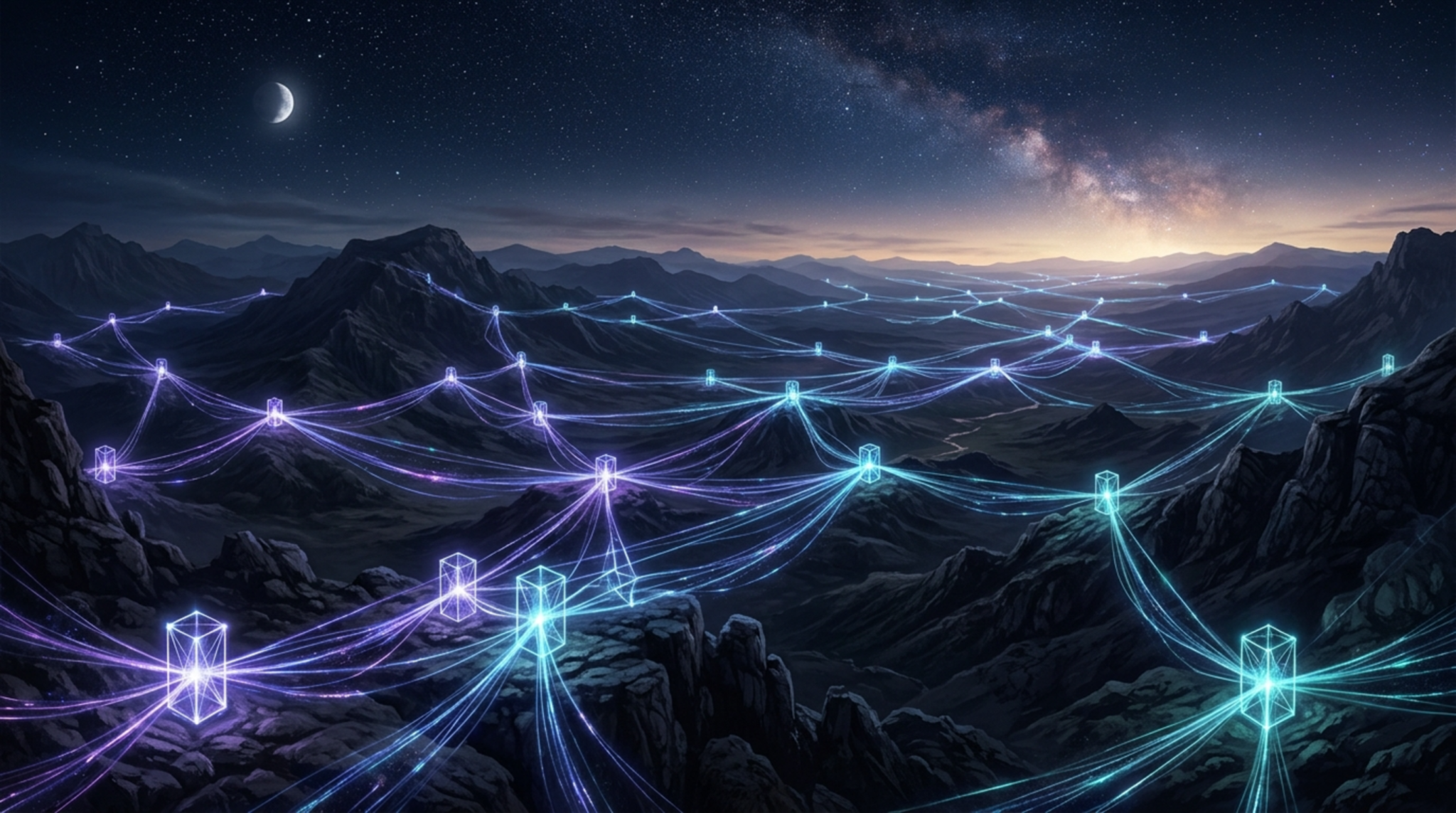A dark mountain landscape overlaid with a mesh of glowing links between repeater nodes