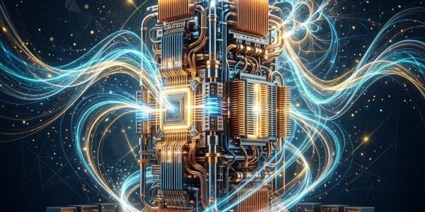Central quantum compute unit surrounded by classical racks