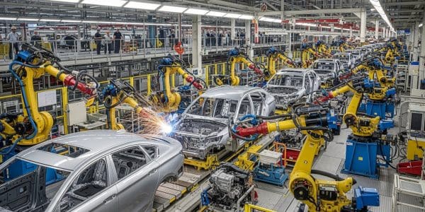 Yellow robotic arms welding car bodies