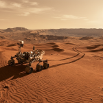A rover tracking across Martian dunes