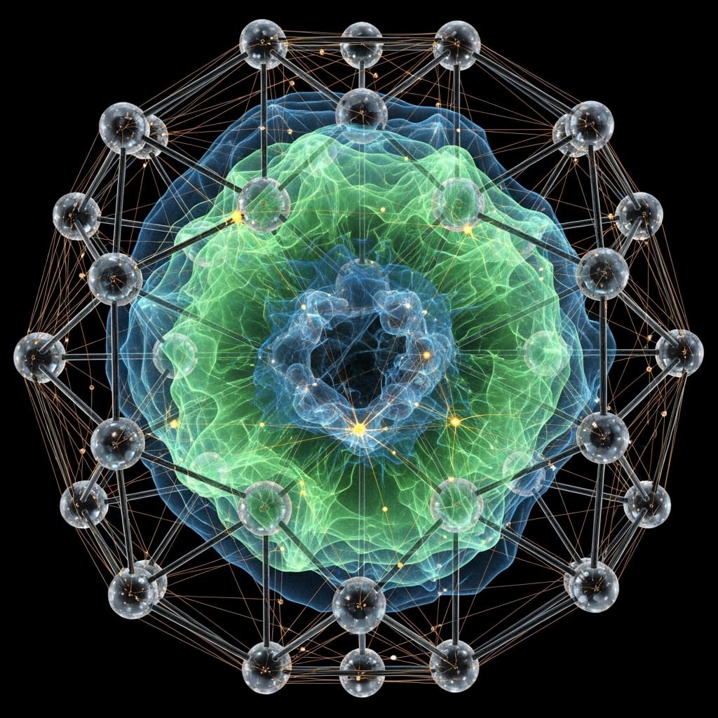 Electron density cloud rendered precisely within material lattice, neural overlay refining predictions, ultra macro detail