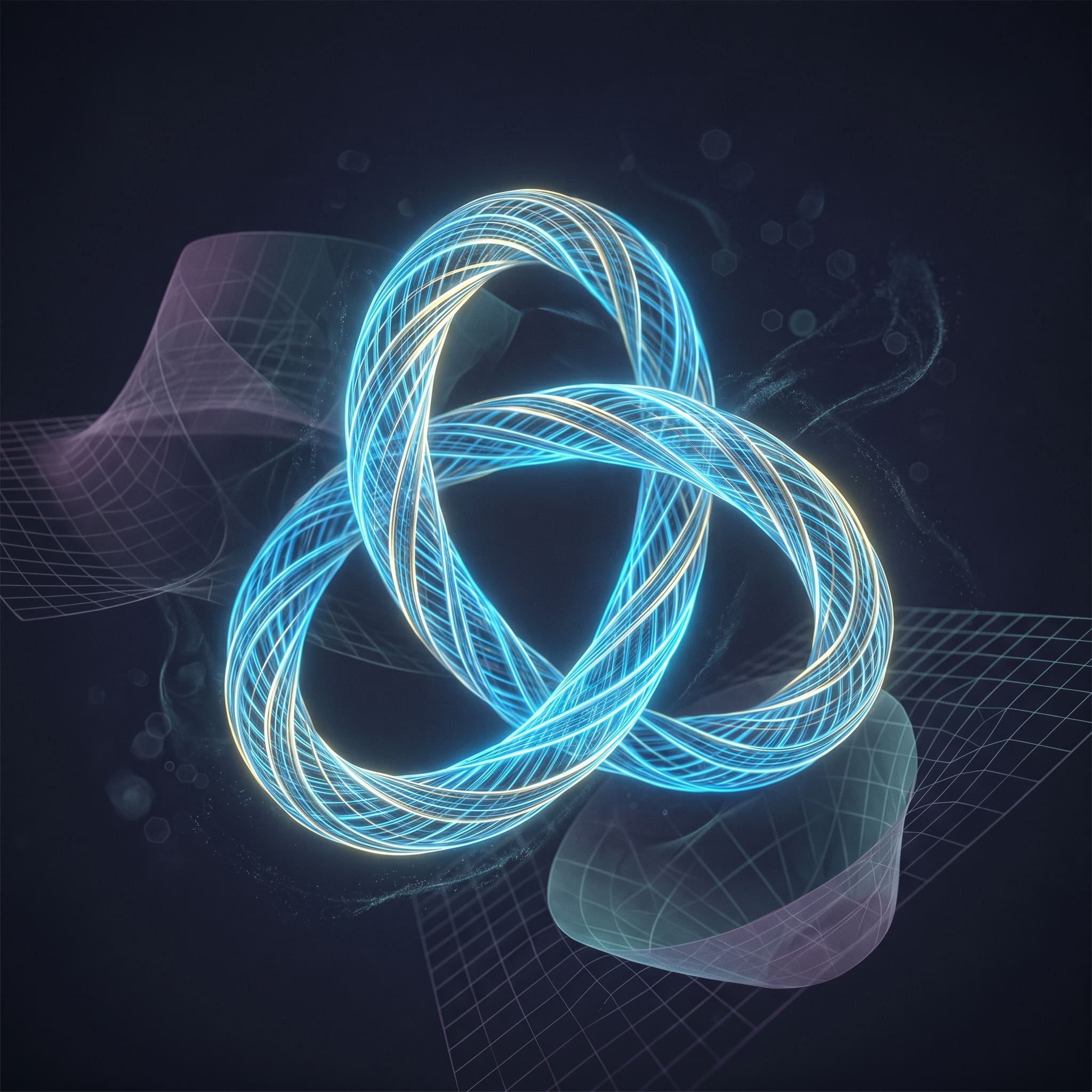 Glowing trefoil knot suspended over a faint grid