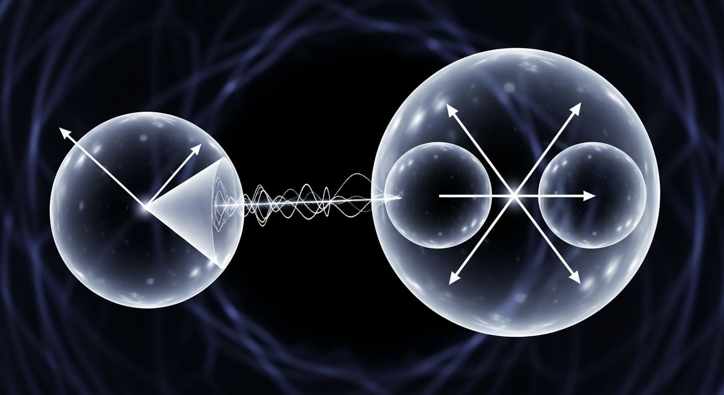 Two glassy spheres marked with spin arrows connected by a wave on a dark field