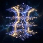 Multi-layer tensor-network lattice rendered against a nebula