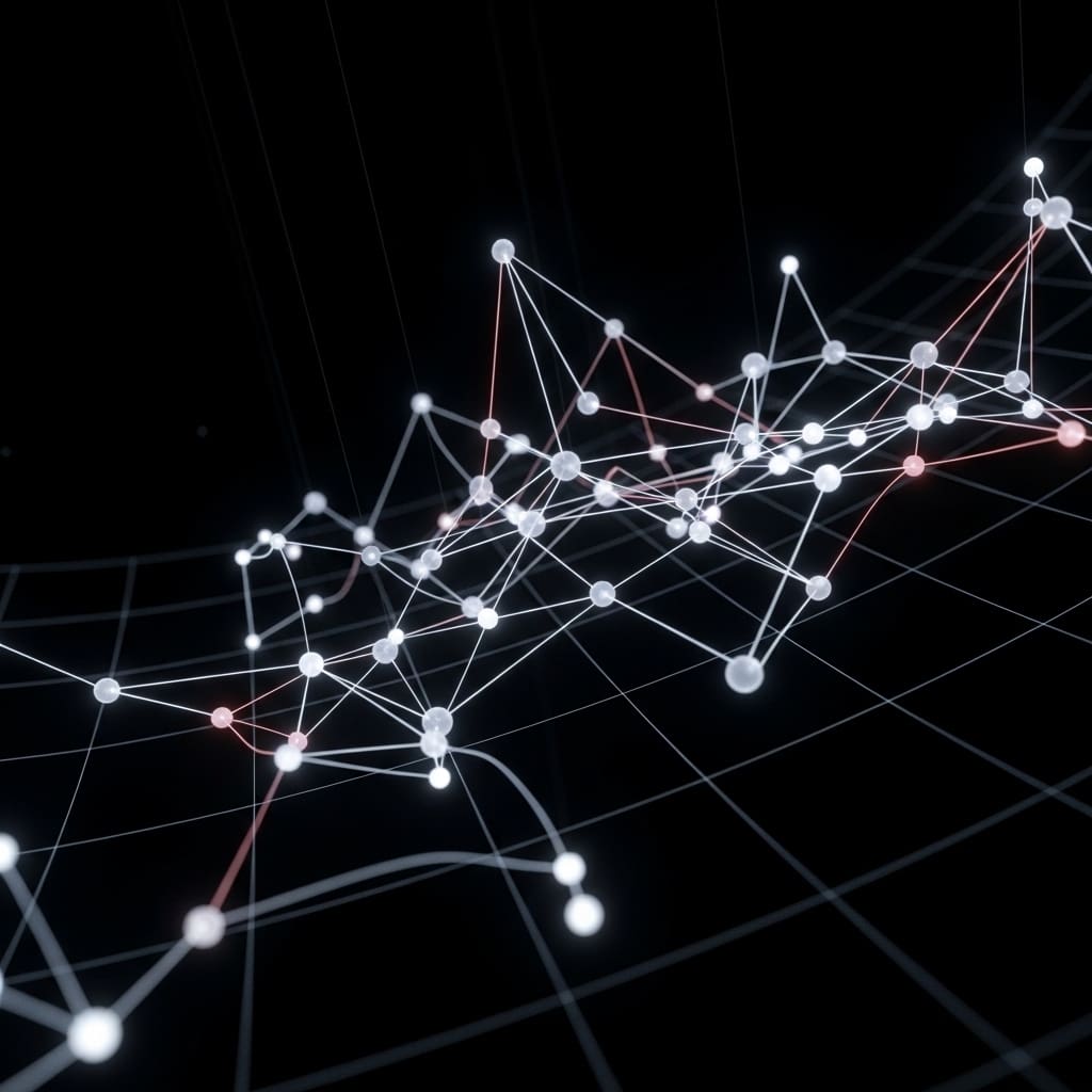 Abstract spatial network suspended in deep black space, interconnected nodes linked by glowing edges of varying intensity, certain edge connections subtly bending and influencing neighboring links to show hidden dependencies