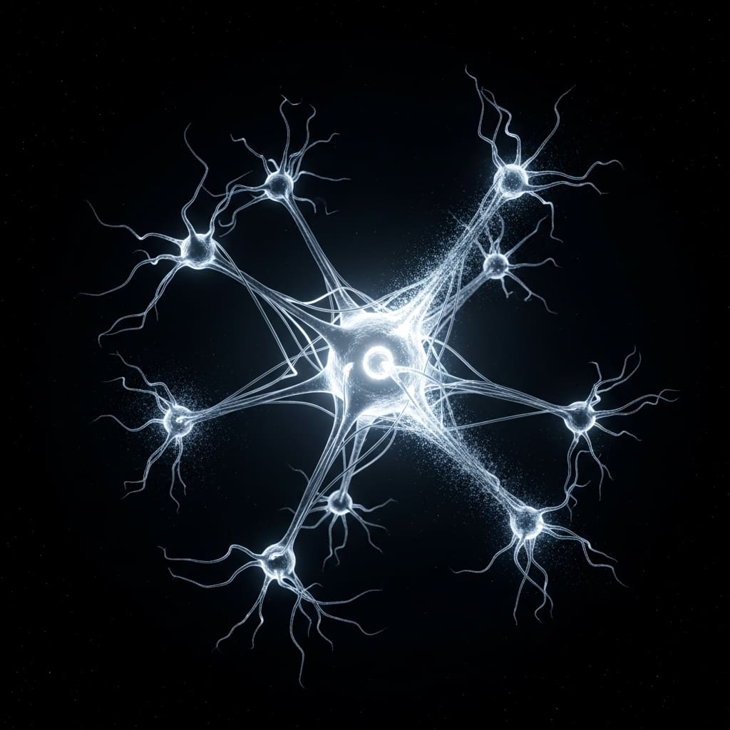 Compact neural network structure floating in deep black space, several peripheral nodes dissolving into soft particles as redundant pathways fade away, central core becoming brighter and more streamlined, clean flowing connections remaining intact, ultra sharp macro detail, cinematic scientific lighting, minimal render, strictly no text