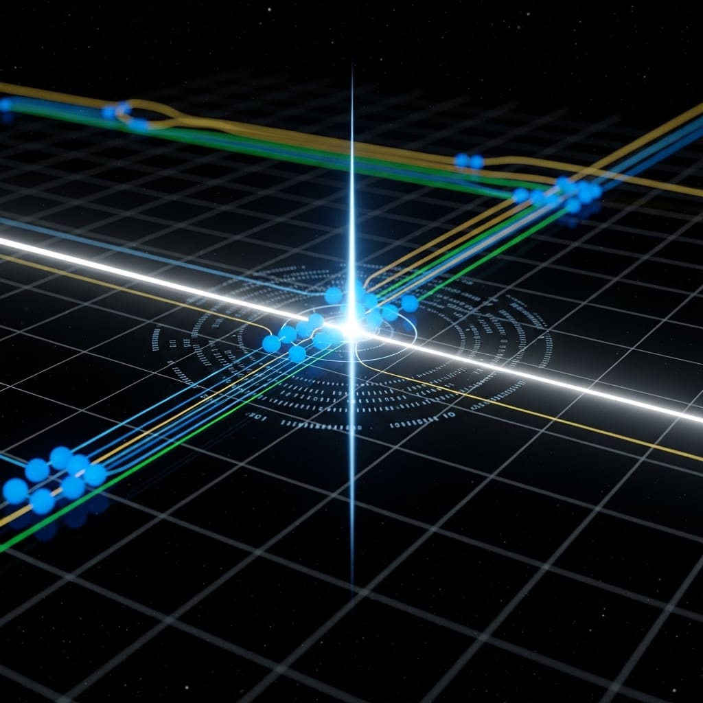 Digital network grid floating in deep black space, multiple data streams flowing between nodes, one pathway showing a sudden bright spike that quickly smooths into a stable continuous line under a subtle AI control overlay