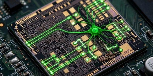 Concept illustration of a neuromorphic chip, with a glowing green neuron fused into the circuitry of a silicon processor die