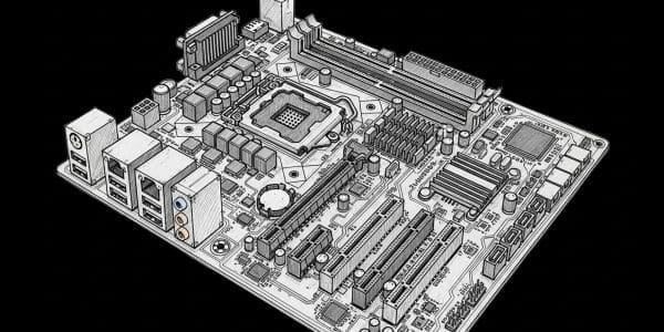 A detailed black-and-white line drawing of a computer motherboard with CPU socket and expansion slots.