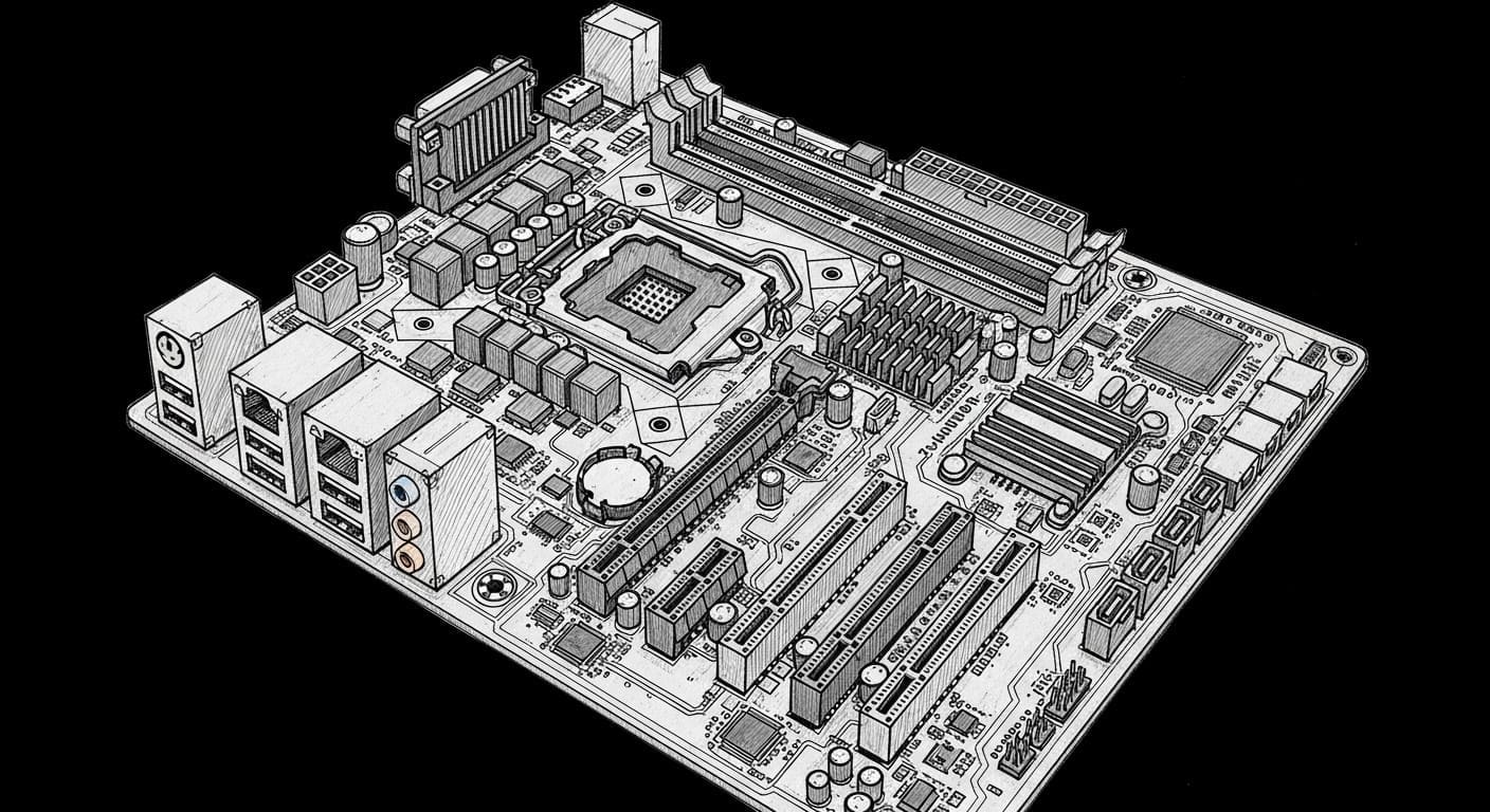 A detailed black-and-white line drawing of a computer motherboard with CPU socket and expansion slots.