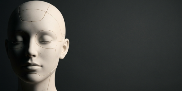 A featureless humanoid head in soft studio light