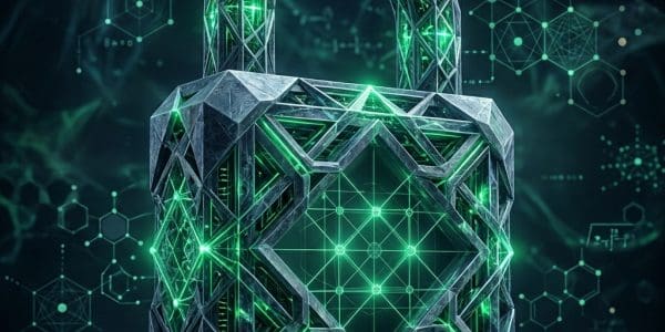 Faceted padlock surrounded by green cryptographic glyphs