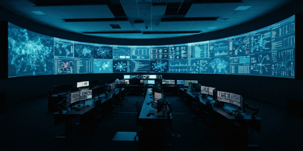 A darkened operations room facing a curved wall of monitoring displays