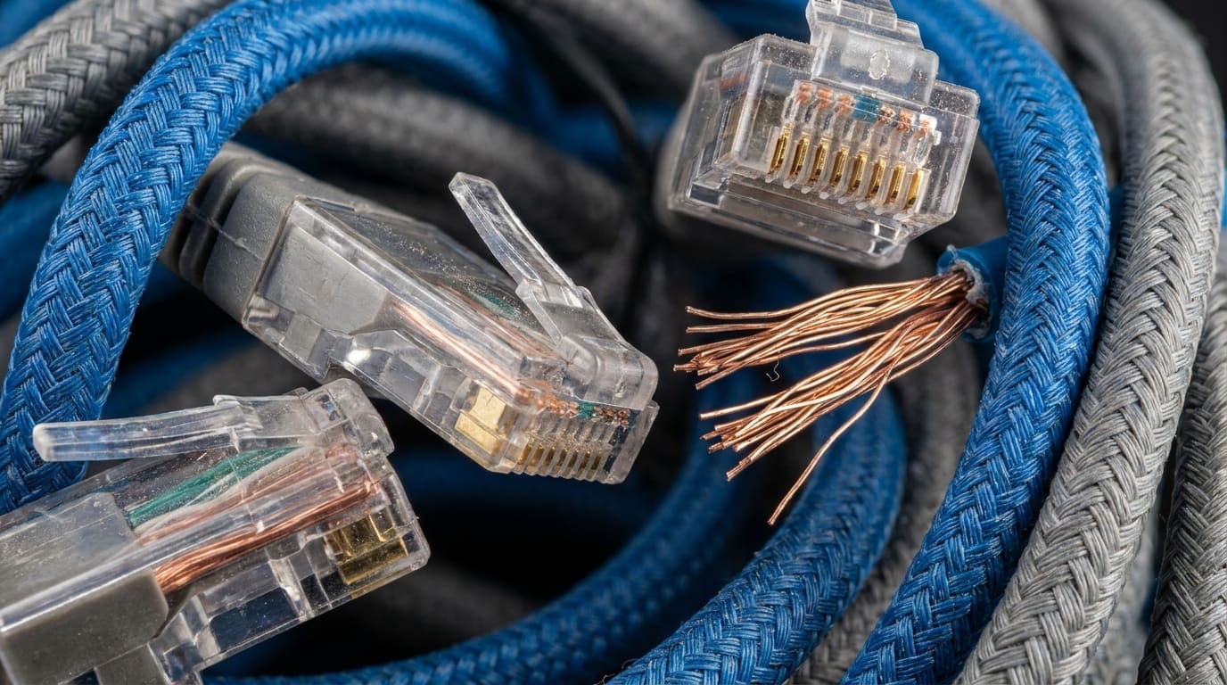 Transparent network connectors and frayed copper wire among braided blue and grey cables