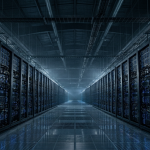 A long aisle of humming compute racks