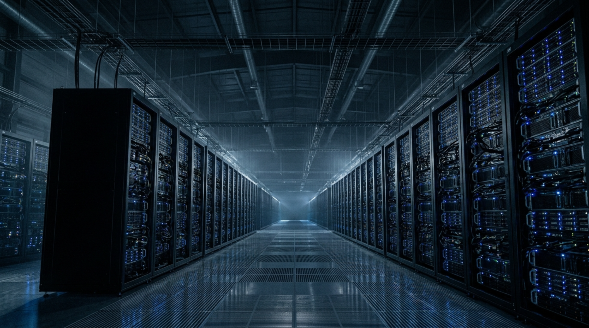 A long aisle of humming compute racks