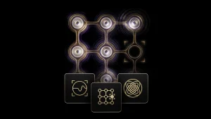 This graphic depicts interconnected glowing circles against a dark background, representing complex networks and data processing.
