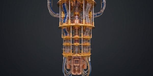 A dilution refrigerator suspended in its frame