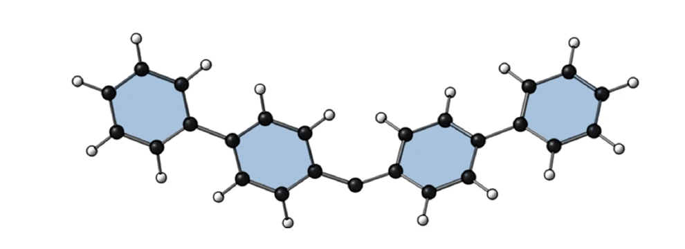 Calculated 3D structure of the carbene molecular qubit, two linked ring groups with a central carbon atom carrying the s