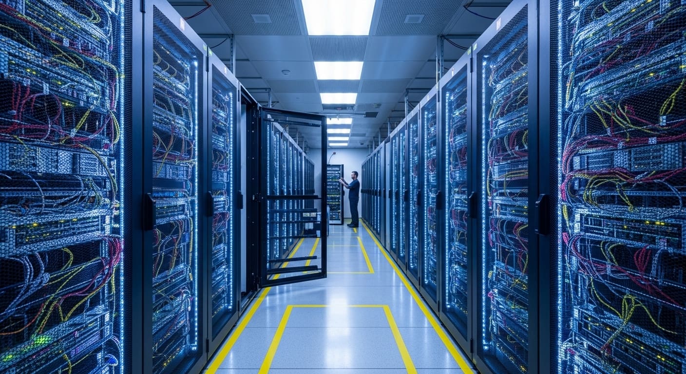 Data-centre aisle with racks and worker