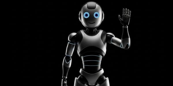 Waving humanoid robot, blue-lit eyes