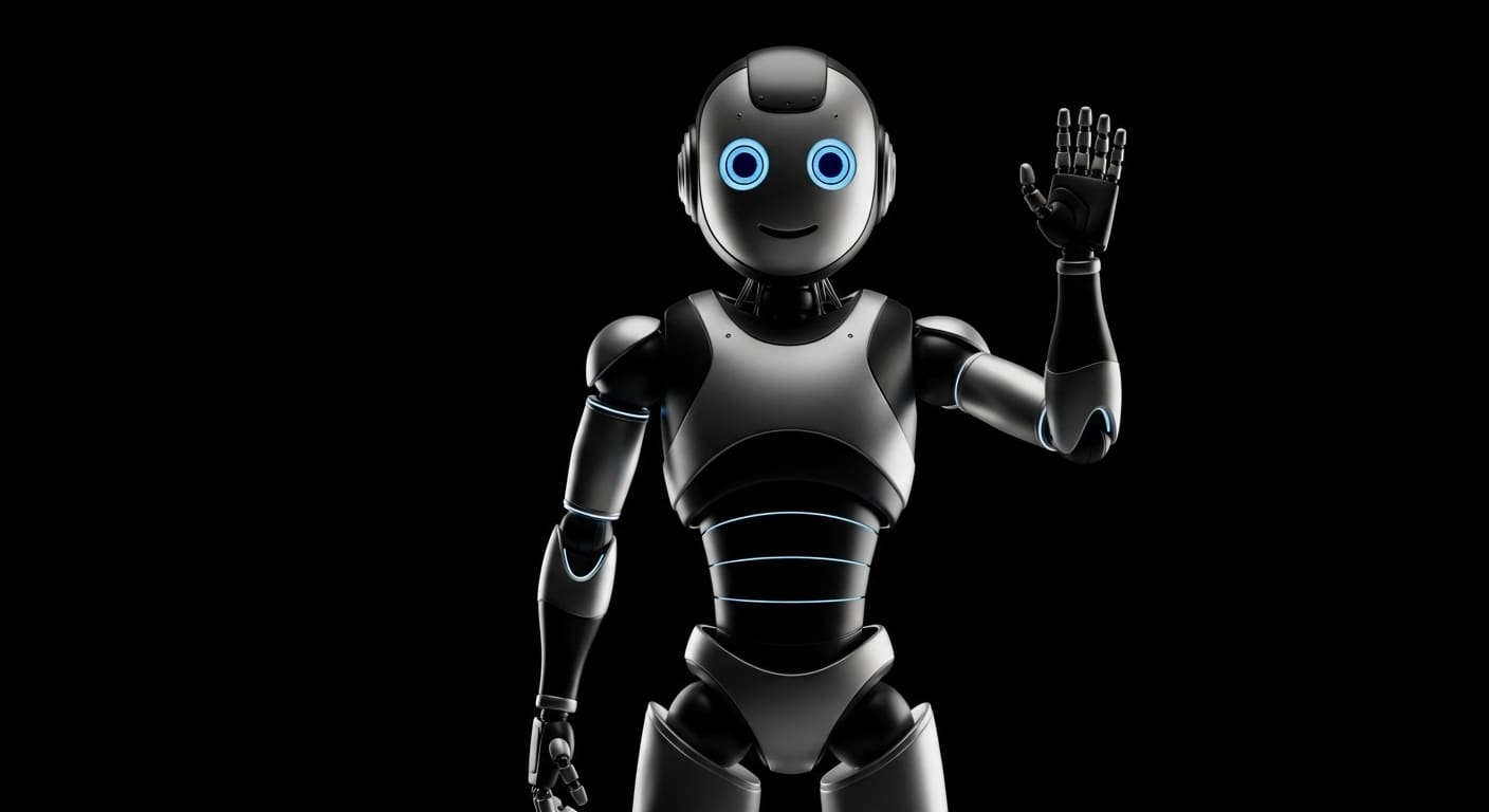 Waving humanoid robot, blue-lit eyes
