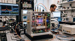 A complex experimental setup with glowing components sits on a table in a brightly lit laboratory environment.