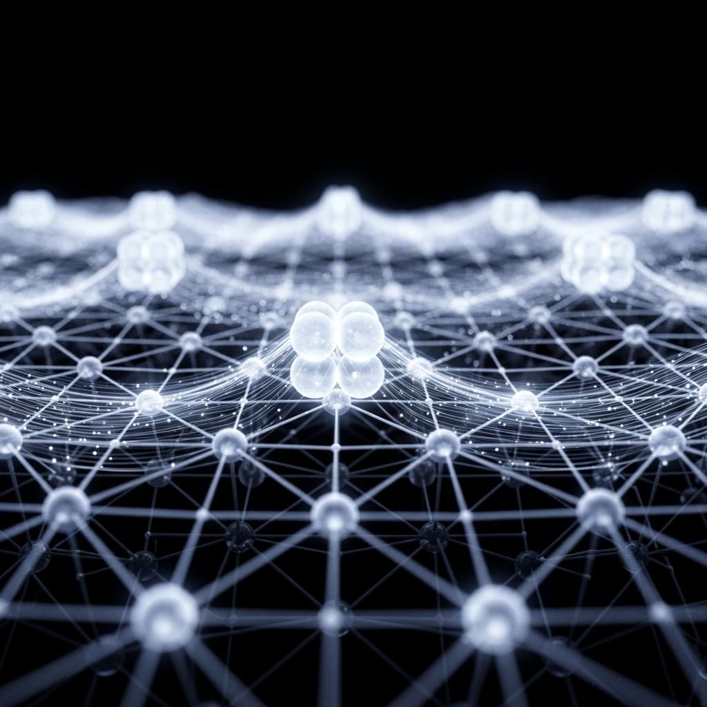 Paired quasiparticles forming tightly bound luminous pairs across structured nuclear lattice, annealing energy landscape smoothing dramatically